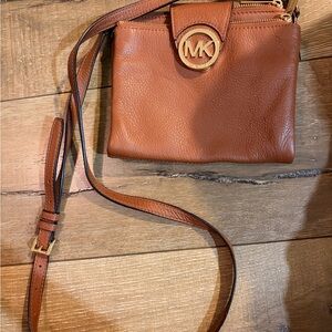 Michael Kors Cognac Pebbled Leather Crossbody Bag with Gold MK Accent